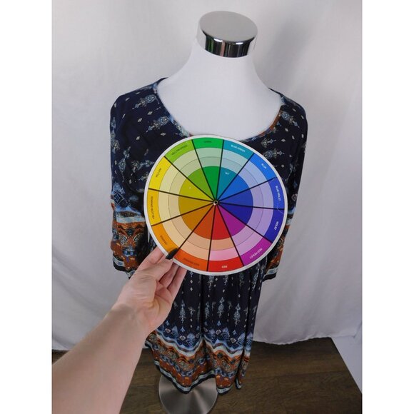 Bohemian Navy & Orange Print Dress Size M Boho Shift - Picture 5 of 11